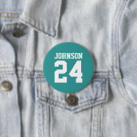 Teal and White Athlete Name Jersey Number 3 Inch Round Button<br><div class="desc">Cheer on your favourite sports team, football player or just show off your school pride with a custom personalized spirit button! Add your school name or personalize with a player's name and jersey number. Perfect for football, basketball, baseball and soccer games! Create custom pins for the whole team, cheerleaders, parents...</div>