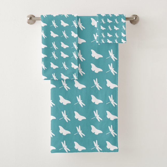 Teal and White Butterfly and Dragonfly Pattern Bath Towel Set (Insitu)