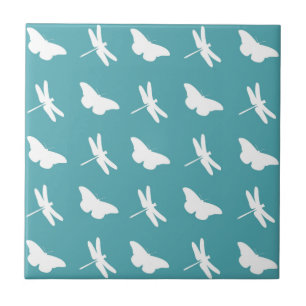 Teal and White Butterfly and Dragonfly Pattern Tile