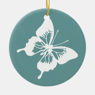 Teal and White Butterfly Ceramic Ornament