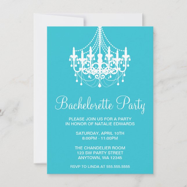 Teal and White Chandelier Bachelorette Party Invitation (Front)