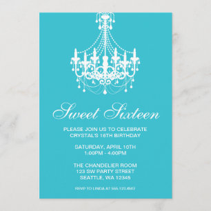 Teal and White Chandelier Sweet Sixteen Birthday Invitation