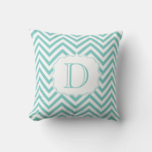 Teal and White Chevron Pattern Monogram Throw Pillow