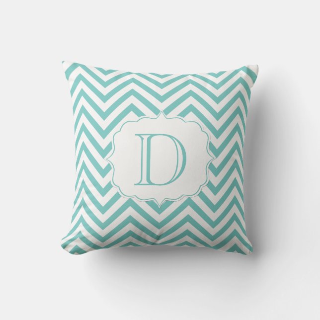 Teal and White Chevron Pattern Monogram Throw Pillow (Front)