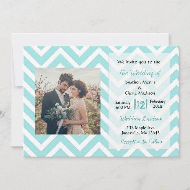 Teal and White Chevron Photo Wedding Invitations (Front)