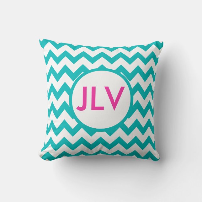 Teal and White Chevrons with Monogram Throw Pillow (Front)