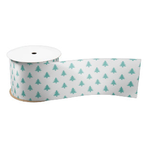 Teal and White Christmas Tree iconic Pattern Satin Ribbon