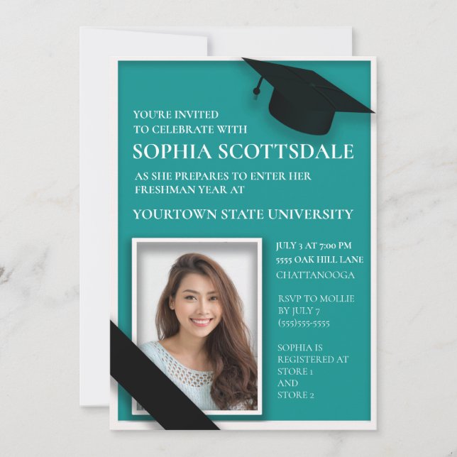 Teal and White College Trunk Party Photo Invitation (Front)