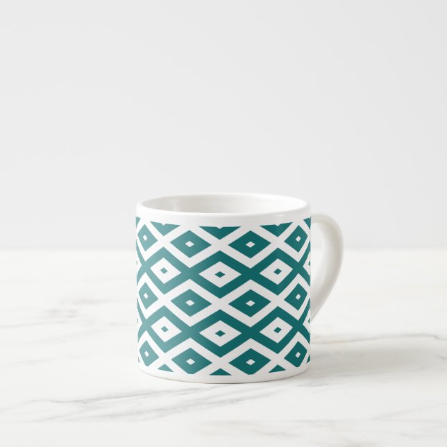 Teal and white diamond pattern espresso cup (Front Right)