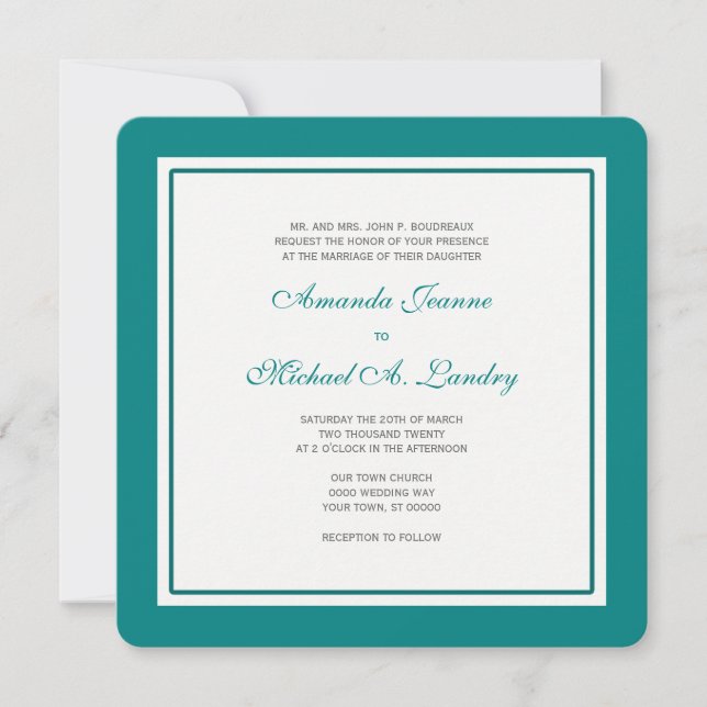 Teal and White Fleur de Lis Damask Formal Wedding Invitation (Front)