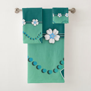 Teal and White Flowers Hearts Bath Towel Set