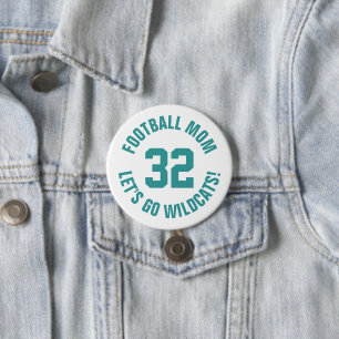 Teal and White Football Mom Jersey Number 3 Inch Round Button