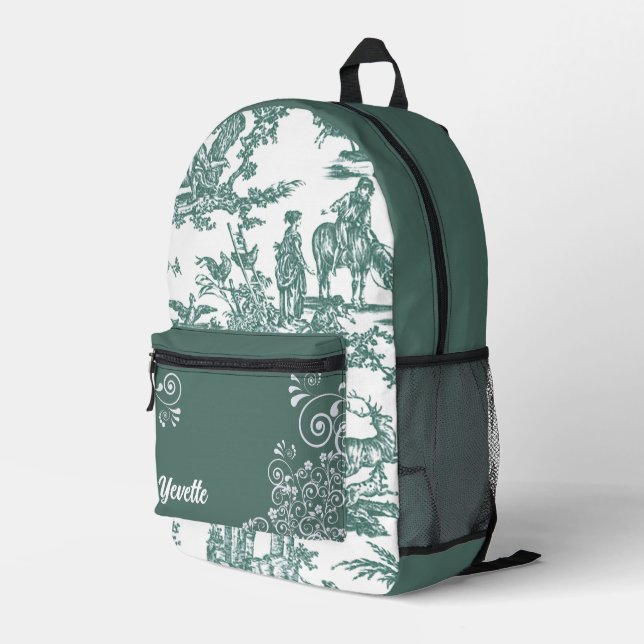 Teal and White French Toile Pattern Personalized Printed Backpack (Back Corner Right)