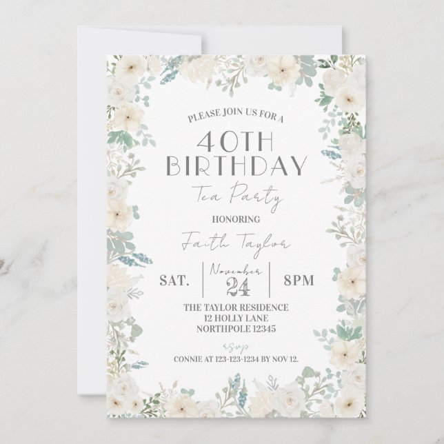 Teal and White Garden, 40th Birthday Tea Party Invitation (Front)