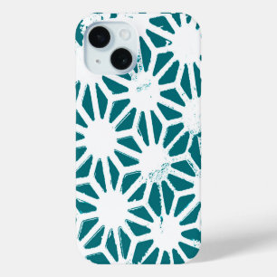 Teal and white geometric pattern iPhone 15 case