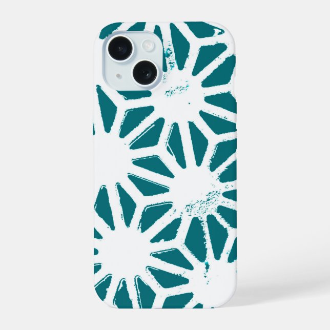 Teal and white geometric pattern iPhone 15 case (Back)