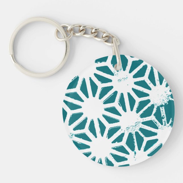 Teal and white geometric pattern keychain (Front)