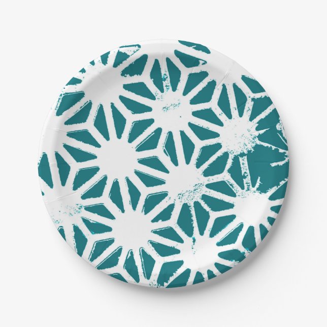 Teal and white geometric pattern paper plate (Front)