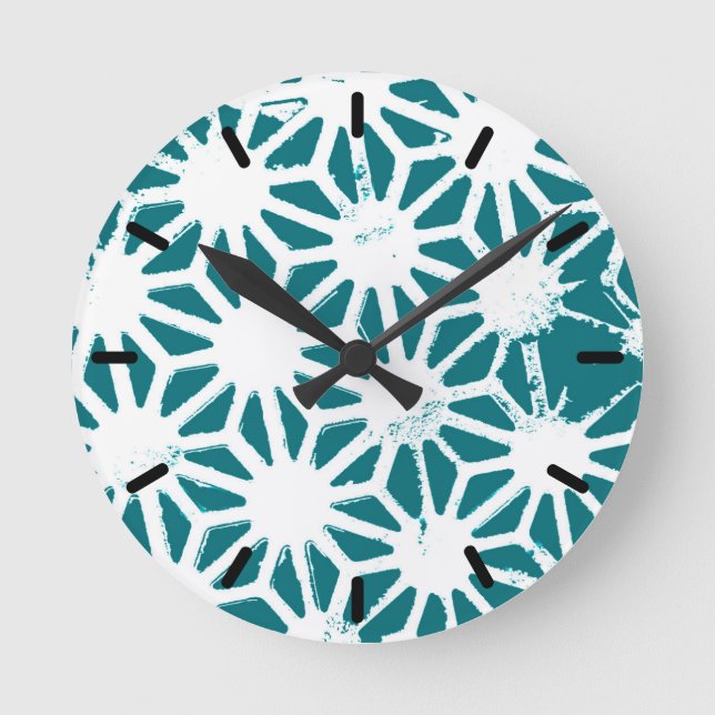 Teal and white geometric pattern round clock (Front)