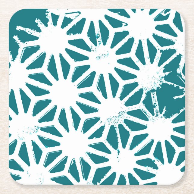 Teal and white geometric pattern square paper coaster (Front)