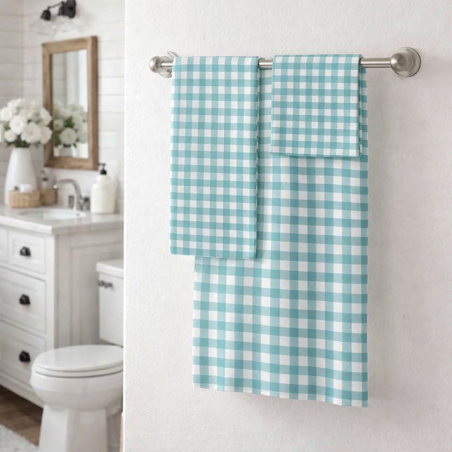 Teal and White Gingham Plaid Pattern Chequered Bath Towel Set (A towel set featuring a teal and white gingham plaid pattern.)