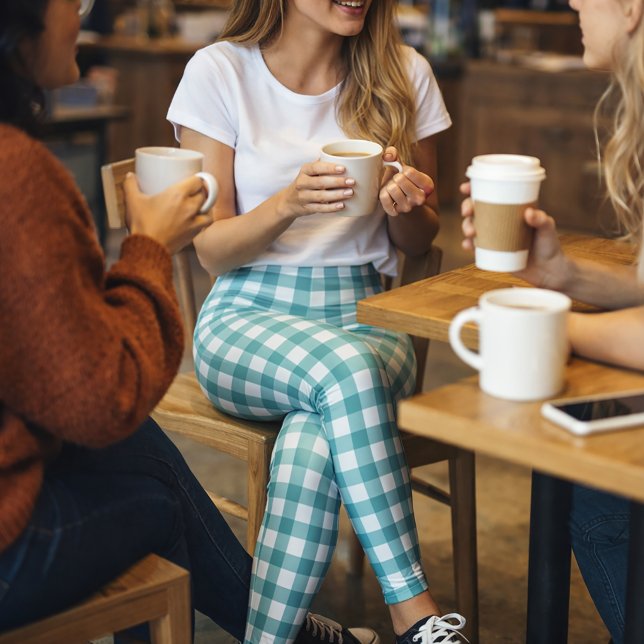 Teal and White Gingham Plaid Pattern Leggings (A pair of leggings with a teal and white gingham plaid pattern.)