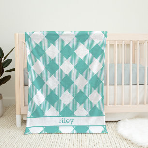 Teal and White Gingham Plaid Personalized Fleece Blanket