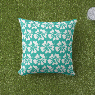 Teal and white Hawaiian flower print summer Outdoor Pillow