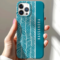 Teal And White Herringbone Personalized Name