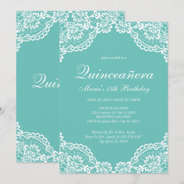 Teal and White Lace Quinceanera, Invitations (Front/Back)