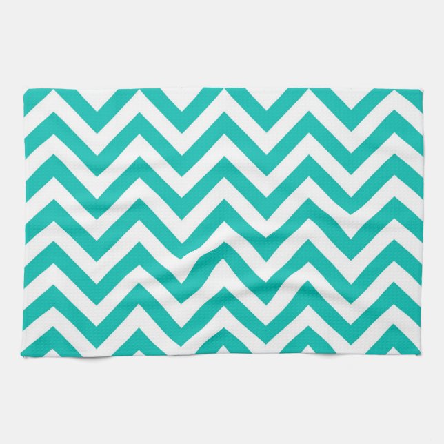 Teal and White Large Chevron ZigZag Pattern Kitchen Towel (Horizontal)