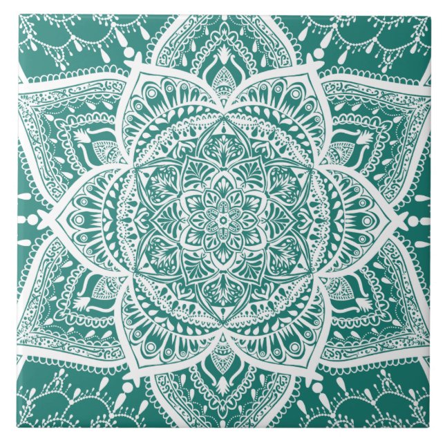 Teal and White Mandala - Loergann in Eucalyptus Tile (Front)