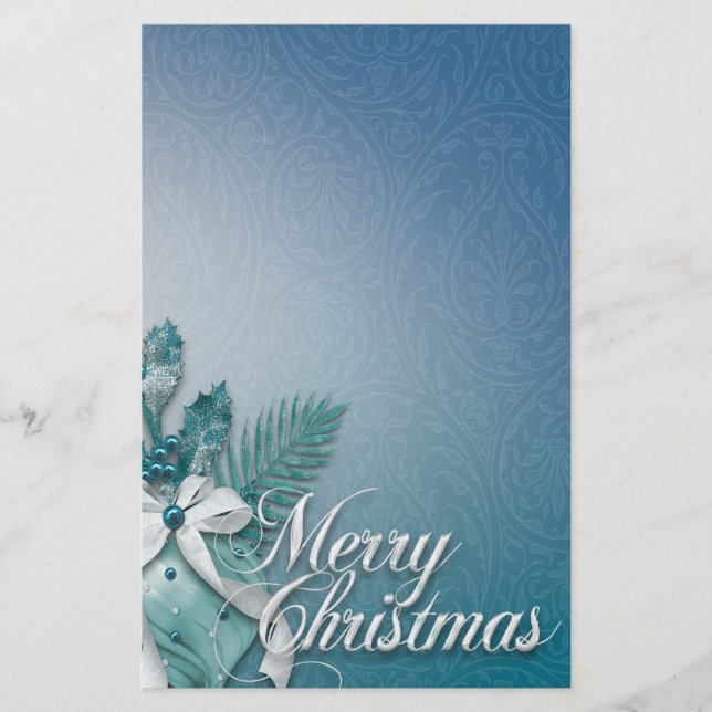 Teal and White Merry Christmas Ornaments Ribbons Stationery (Front)