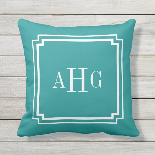Teal and White Notched Corner Custom Monogram Throw Pillow