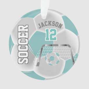 Teal and White Personalize ⚽ Soccer Ball Ornament