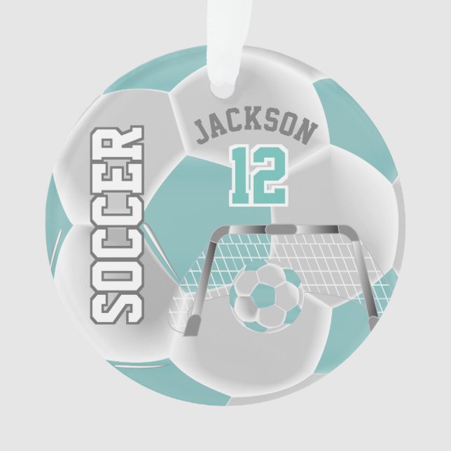 Teal and White Personalize ⚽ Soccer Ball Ornament (Front)