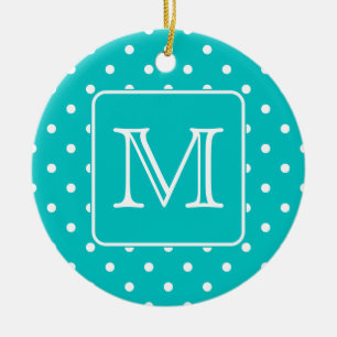 Teal and White Polka Dot Pattern. Custom Monogram. Ceramic Ornament