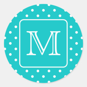 Teal and White Polka Dot Pattern. Custom Monogram. Classic Round Sticker