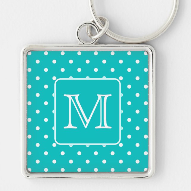 Teal and White Polka Dot Pattern. Custom Monogram. Keychain (Front)