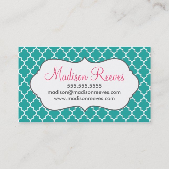 Teal and White Quatrefoil Business Card Template (Front)