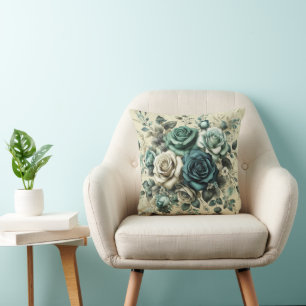 Teal and White Roses Throw Pillow