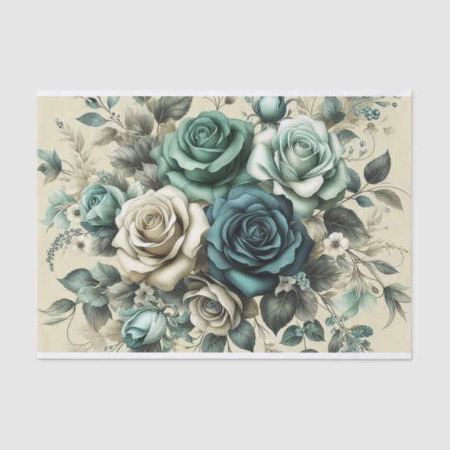 Teal and White Roses Tissue Paper (Front)