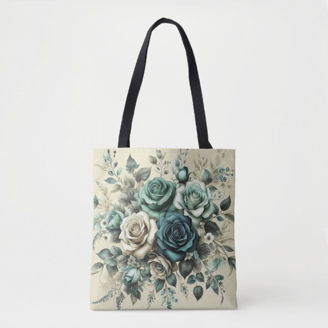 Teal and White Roses Tote Bag (Front)