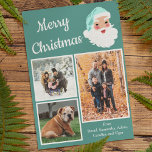 Teal and White Santa Claus Photo Collage Christmas Holiday Card<br><div class="desc">This fun and festive photo holiday card is ready to be customized with three of your own photos and your own from message and features a teal and white colours scheme with a retro style Santa Claus graphic alongside the message "Merry Christmas" in white script lettering.</div>