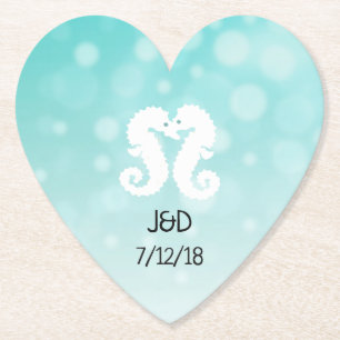 Teal and White Seahorse Wedding Heart Coaster