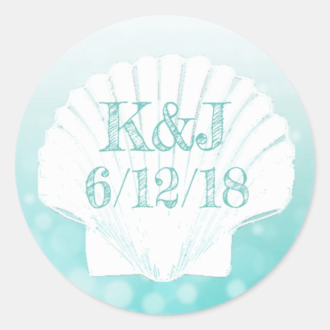 Teal and White Seashell Seaside Wedding Stickers (Front)