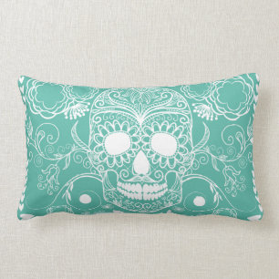 Teal and White Skull Throw Pillow