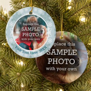 Teal and White Snowflakes, Two Photo, Two Sided Ceramic Ornament