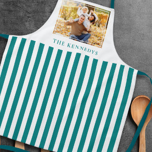 Teal And White Striped Family Name Photo Apron