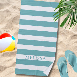  Teal And White Striped Name Cabana Stripe  Beach Towel